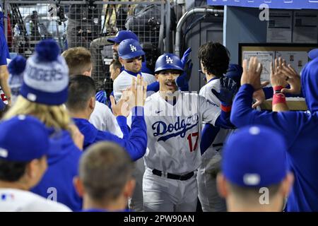 Los Angeles Dodgers right fielder Mookie Betts (50) and second baseman  Miguel Vargas (17) during a MLB game against the San Diego Padres,  Saturday, Ma Stock Photo - Alamy