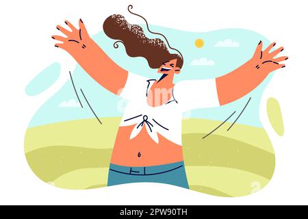 Happy girl with long hair runs through green meadow enjoying first rays of sun and summer weather Stock Vector