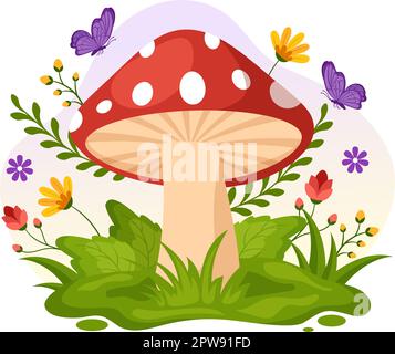 Mushrooms Illustration with Different Mushroom, Grass and Insects for Web Banner or Landing Page in Flat Cartoon Hand Drawn Templates Stock Vector