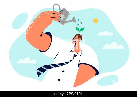 Man wants to succeed holds watering can over head watering plants symbolizing self-development Stock Vector