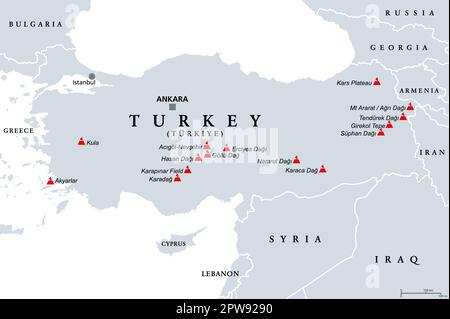 Turkey, dormant and extinct volcanoes in Anatolia, political map Stock Vector