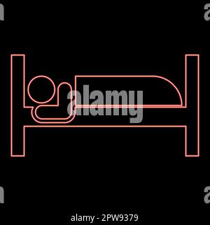 Neon man lies on bed sleeping concept Hotel sign red color vector illustration image flat style Stock Vector