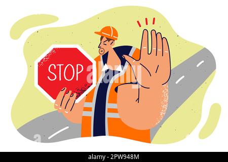 Man in builder uniform shows stop sign and makes caution gesture to warn drivers about road repairs Stock Vector