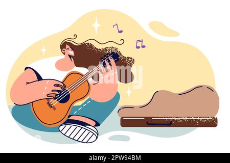 Woman street musician sings sits on ground and plays guitar to give good mood others Stock Vector