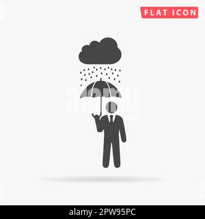 Businessman with umbrella protect from rain. Simple flat black symbol with shadow on white background. Vector illustration pictogram Stock Vector