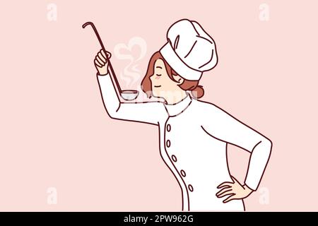 Woman cook with ladle in hand tries soup or sauce from menu preparing dish for restaurant guests Stock Vector