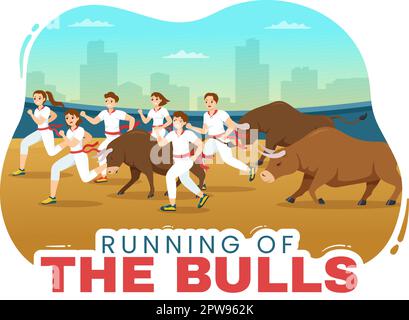 Running of the Bulls Illustration with Bullfighting Show in Arena in Flat Cartoon Hand Drawn for Web Banner or Landing Page Template Stock Vector