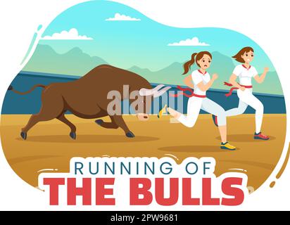 Running of the Bulls Illustration with Bullfighting Show in Arena in Flat Cartoon Hand Drawn for Web Banner or Landing Page Template Stock Vector