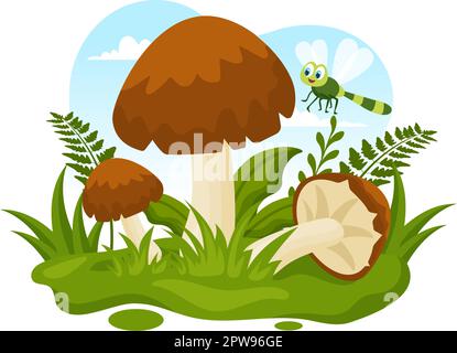 Mushrooms Illustration with Different Mushroom, Grass and Insects for Web Banner or Landing Page in Flat Cartoon Hand Drawn Templates Stock Vector
