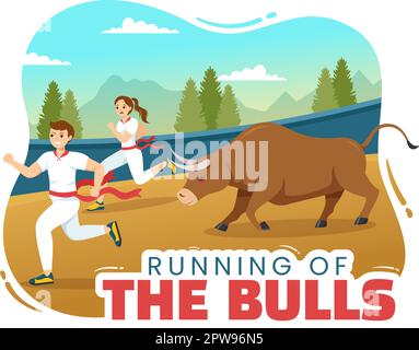 Running of the Bulls Illustration with Bullfighting Show in Arena in Flat Cartoon Hand Drawn for Web Banner or Landing Page Template Stock Vector