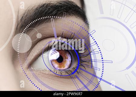 Closeup view of woman in process of scanning, focus on eye Stock Photo