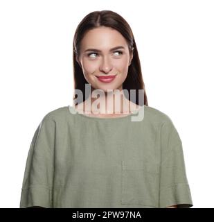 Embarrassed young woman in shirt on white background Stock Photo - Alamy