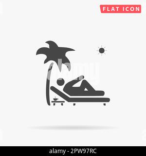 Man relaxing on a deck chair under palm tree and standing table with a cup of coffee. Simple flat black symbol with shadow on white background. Vector illustration pictogram Stock Vector