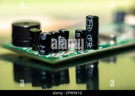 A macro shot of capacitors in electric board Stock Photo
