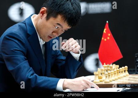 China's Ding Liren plays against Russia's Ian Nepomniachtchi during their FIDE  World Chess Championship in Astana, Kazakhstan, Saturday, April 29, 2023.  Ian Nepomniachtchi and Ding Liren are facing off in the final