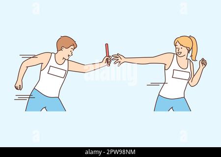Man giving relay race to woman competing in team sport doing timed exercise Stock Vector