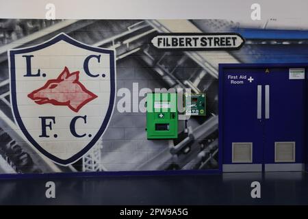 A mural is seen in the concourse ahead of the Barclays FA Womens Super League match between Leicester City Women and Liverpool Women at the King Power Stadium, Leicester on Saturday 29th April 2023. (Credit: James Holyoak / Alamy Live News) Stock Photo