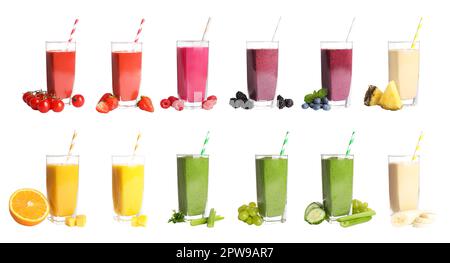 Set with different tasty smoothies on white background. Banner design Stock Photo