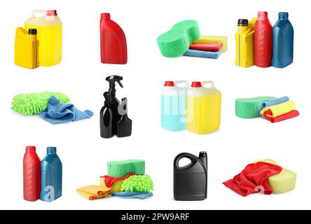 Set with different car products on white background Stock Photo