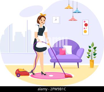 Professional Girl Maid Illustration of Cleaning Service Wearing her Uniform with Apron for Clean a House in Flat Cartoon Hand Drawn Templates Stock Vector