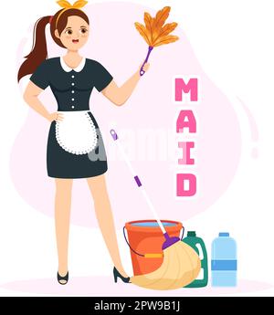 Maid cartoon character wearing uniform using vacuum cleaner ...