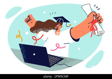 Overjoyed woman graduate who completed studies in online college sits at table with laptop Stock Vector