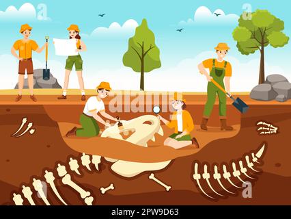 Fossil Illustration with Archaeologists Finds Dinosaurs Skeletons on Excavations or Digging Soil Layers in Flat Cartoon Hand Drawn Templates Stock Vector