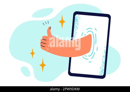 Thumbs up sticking out of phone symbolizes likes on social networks or sympathy in dating service Stock Vector