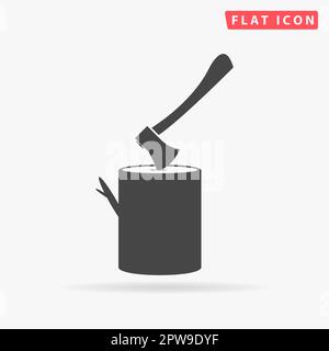 Tool lumberjack ax in a wooden deck. Simple flat black symbol with shadow on white background. Vector illustration pictogram Stock Vector