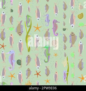 a pattern without a background of colorful seashells and seahorses Stock Vector