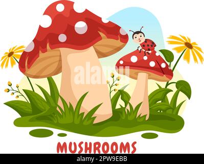 Mushrooms Illustration with Different Mushroom, Grass and Insects for Web Banner or Landing Page in Flat Cartoon Hand Drawn Templates Stock Vector