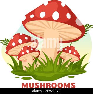 Mushrooms Illustration with Different Mushroom, Grass and Insects for Web Banner or Landing Page in Flat Cartoon Hand Drawn Templates Stock Vector