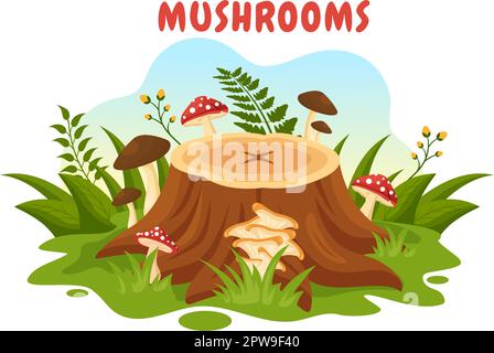 Mushrooms Illustration with Different Mushroom, Grass and Insects for Web Banner or Landing Page in Flat Cartoon Hand Drawn Templates Stock Vector