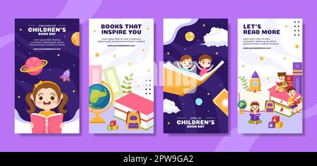 International Children's Book Day Social Media Stories Cartoon Hand Drawn Templates Illustration Stock Vector