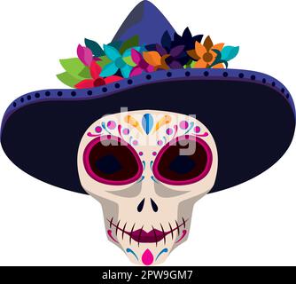 Day of the Dead Mexico Symbol with Ornamental Skull and Hat Illustration Stock Vector