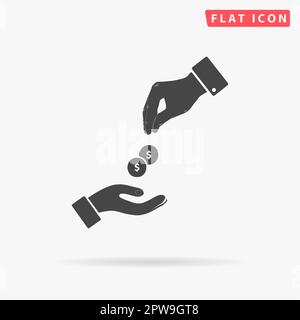 Hands Giving and Receiving Money. Simple flat black symbol with shadow on white background. Vector illustration pictogram Stock Vector
