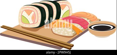 Detailed Sushi the Japanese Food with Chopsticks Illustration Stock Vector