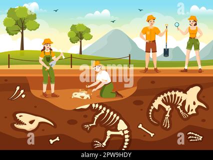 Fossil Illustration with Archaeologists Finds Dinosaurs Skeletons on Excavations or Digging Soil Layers in Flat Cartoon Hand Drawn Templates Stock Vector