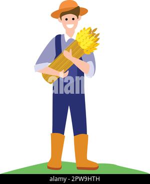 Happy Wheat Farmer Holding the Harvest Illustration Stock Vector Image ...