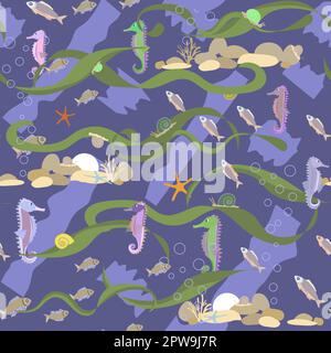 a pattern without a background of colorful seashells and seahorses Stock Vector