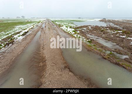 Puddles on dirt road through fields with snow, water and mud, Czulczyce, Poland Stock Photo