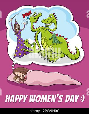 Women's Day design with cartoon woman dreaming Stock Vector