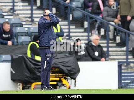 Falkirk manager John McGlynn reacts on the touchline the Scottish Cup semi-final match at Hampden Park, Glasgow. Picture date: Saturday April 29, 2023. Stock Photo