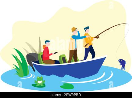 Fishing Together on the Boat at River or Swamp and Catching Fish Illustration Stock Vector