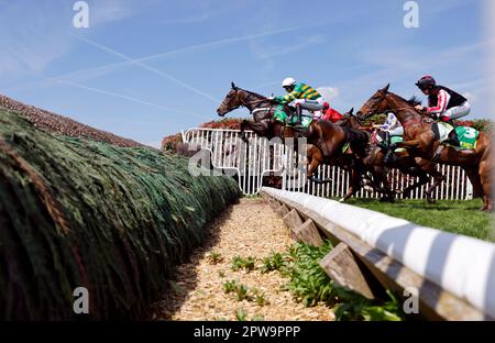 Jonbon ridden by jockey Aidan Coleman on their way to winning the bet365 Celebration Chase at Sandown Park Racecourse, Surrey. Picture date: Saturday April 29, 2023. Stock Photo