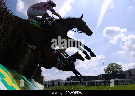 Jonbon ridden by jockey Aidan Coleman (far side) on their way to winning the bet365 Celebration Chase at Sandown Park Racecourse, Surrey. Picture date: Saturday April 29, 2023. Stock Photo