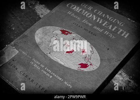 A discarded textbook 'Our Changing Commonwealth' inside the derelict Easington Colliery School, now demolished Stock Photo