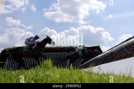 Jonbon ridden by jockey Aidan Coleman on their way to winning the bet365 Celebration Chase at Sandown Park Racecourse, Surrey. Picture date: Saturday April 29, 2023. Stock Photo