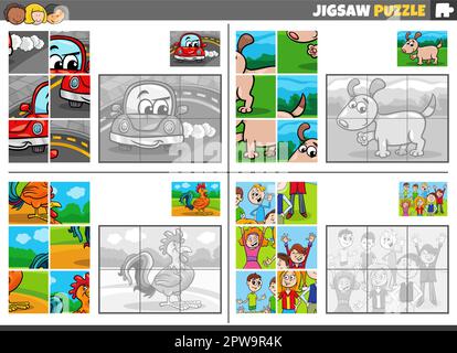 jigsaw puzzle game set with cartoon characters Stock Vector