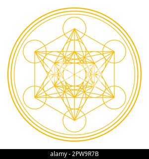 Golden Metatrons Cube, mystical symbol, derived from the Flower of Life Stock Vector